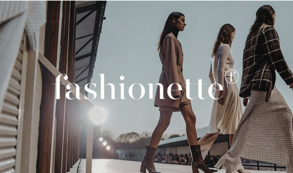 Three fashion models walking on a runway with fashionette text.