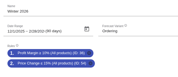 User interface for Winter 2026 forecast settings and rules.