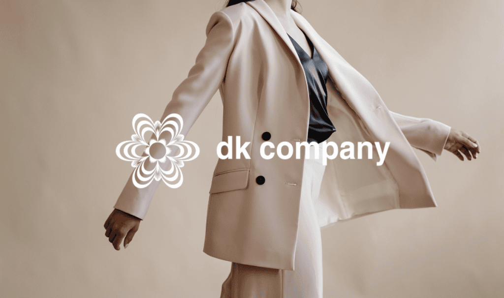 dk company logo over woman in beige business attire