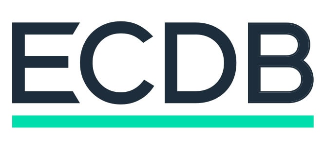 ECDB logo with dark text and a green underline.