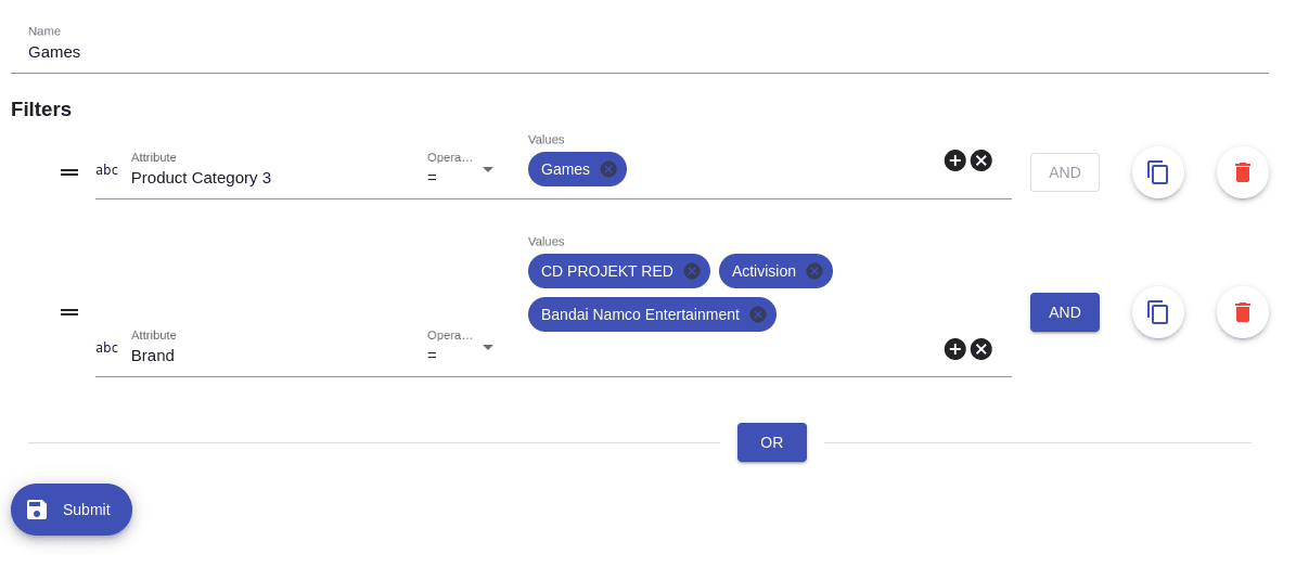 Interface for configuring data filters by category and brand.