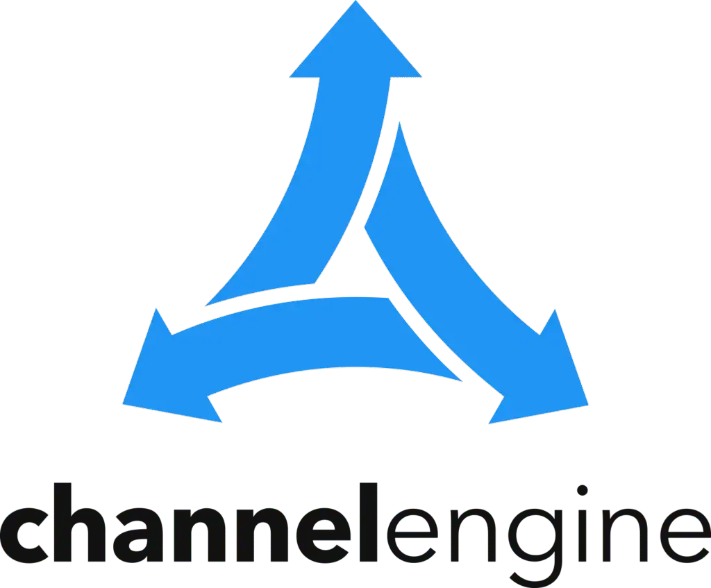 Logo of ChannelEngine with three blue arrows and text.