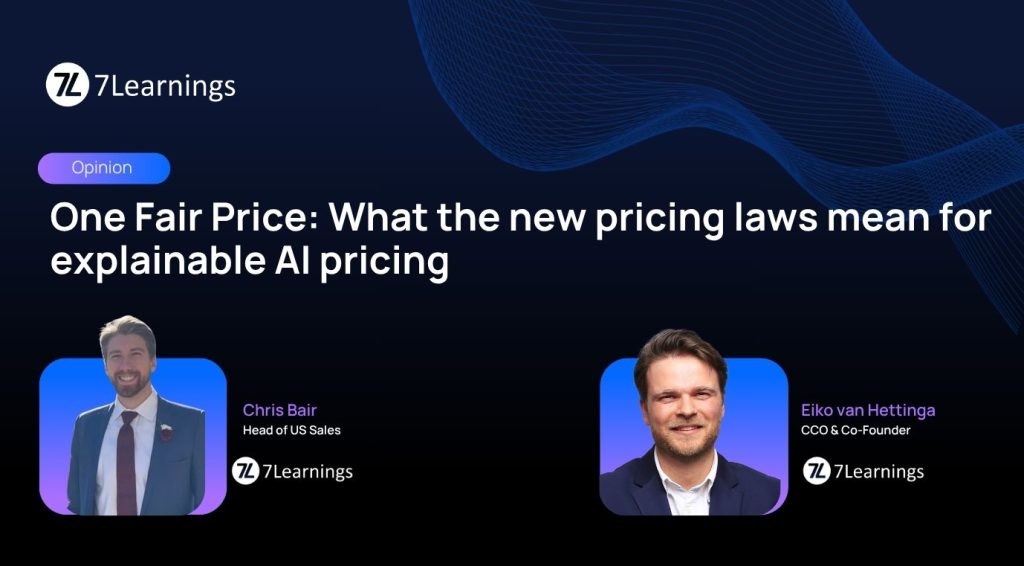 7Learnings graphic about AI pricing laws featuring two expert speakers.
