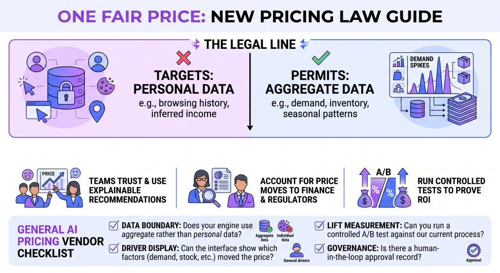 Infographic outlining new pricing laws and AI vendor selection criteria.