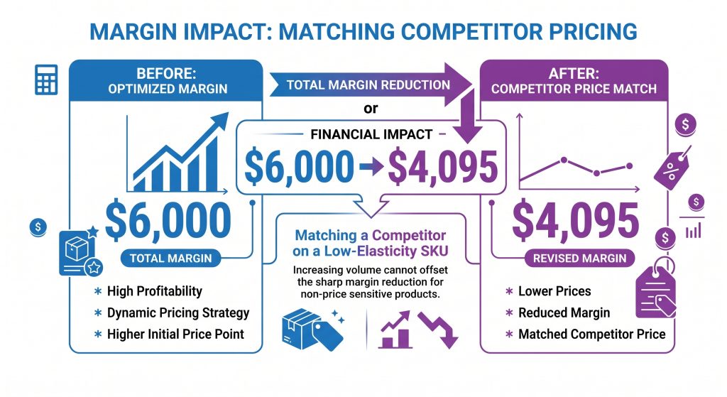 A blue and purple infographic demonstrating the financial impact of matching competitor pricing. It compares an initial 'Optimized Margin' of $6,000 with high profitability against a 'Revised Margin' of $4,095 after matching a competitor's price. Central text explains that for a low-elasticity SKU, a slight increase in sales volume cannot offset the sharp margin reduction caused by lower prices.
