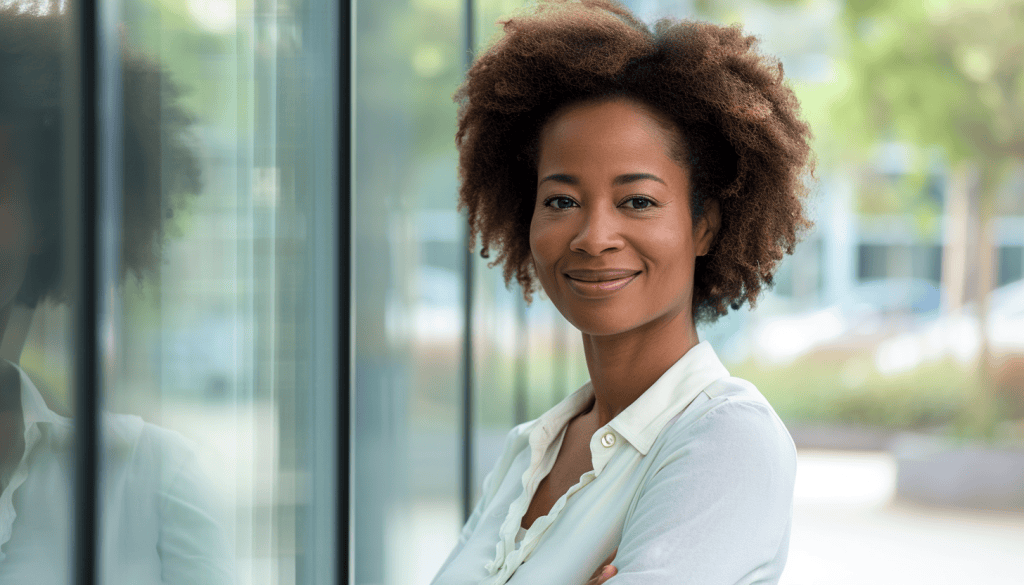 Confident smiling Black woman with an afro hairstyle outdoors.