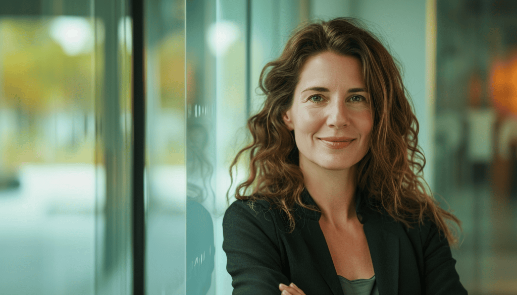 Professional woman with wavy brown hair smiling in modern office.