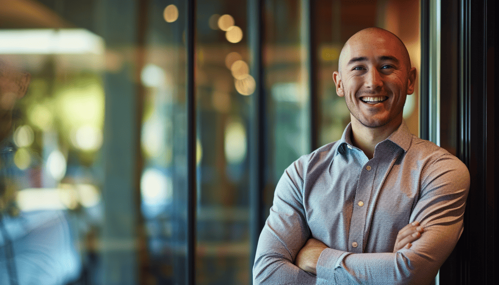 Smiling professional man with crossed arms in an office setting.