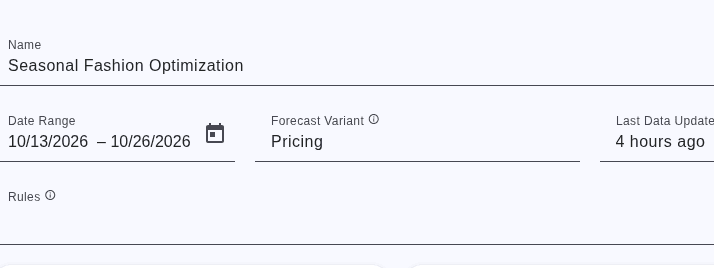Dashboard header for Seasonal Fashion Optimization showing date and forecast.
