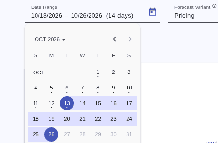 Calendar date picker showing a selected 14-day range in October 2026.