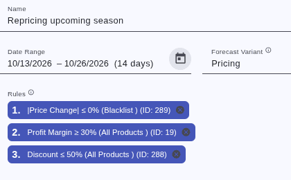 Interface for configuring repricing rules for an upcoming season.